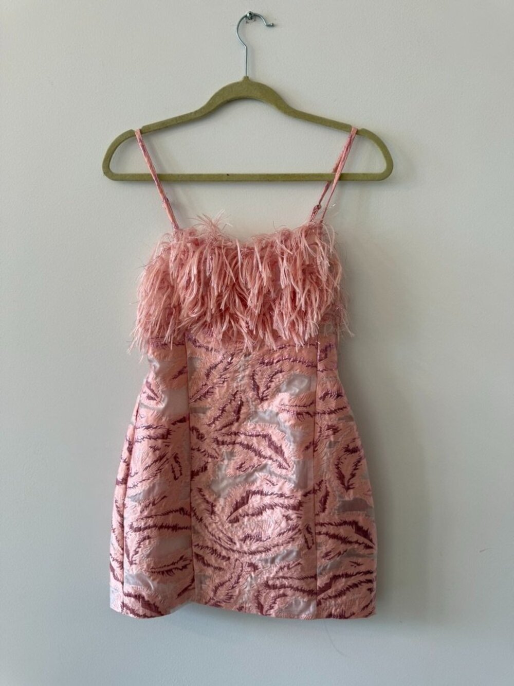 Anthropologie Pink Feather-Trim Mini Dress